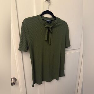 Modcloth Olive Ribbed Short Sleeve Tie-Neck Top